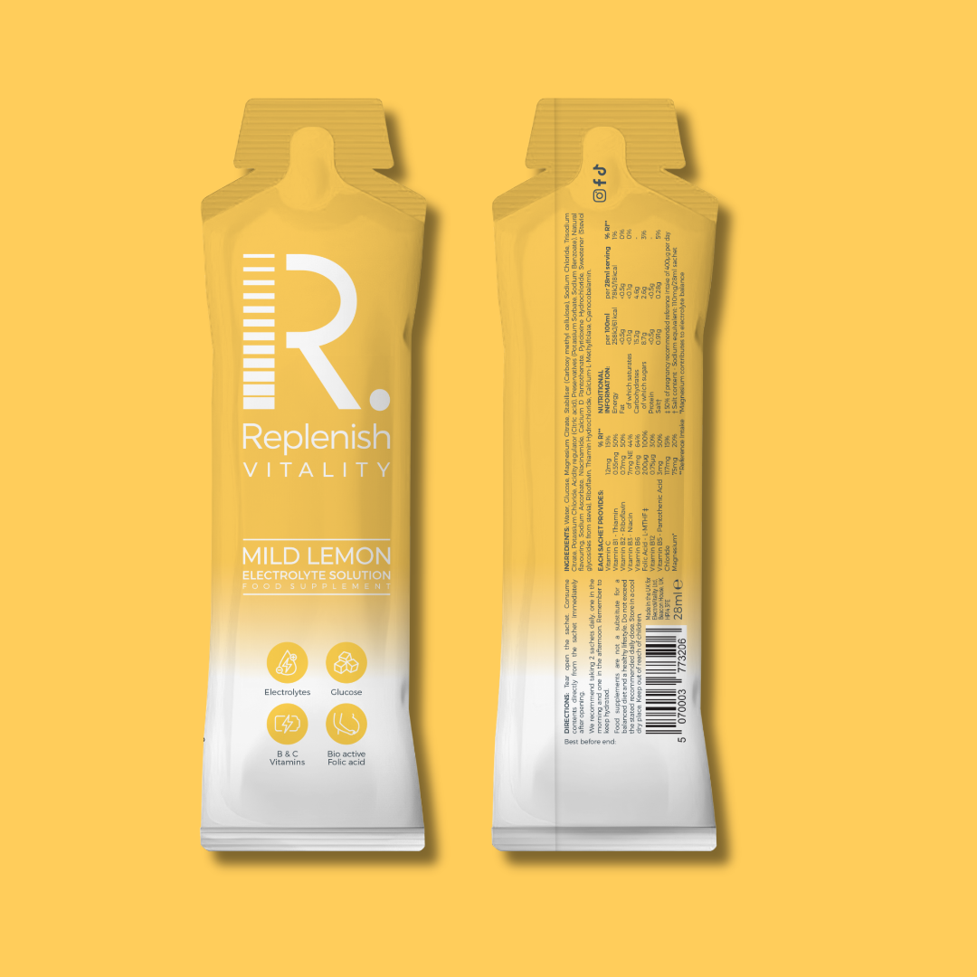 Replenish Mild Lemon electrolyte and vitamin supplement for women with morning sickness packaging on a yellow background