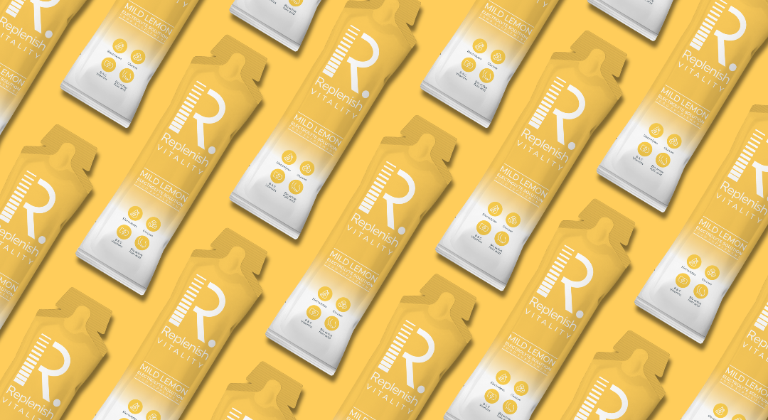 Repeating banner of Replenish Electrolyte & Vitamins for Pregnancy Sickness sachets